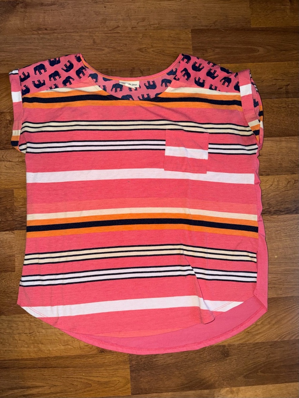 Belle Du Jour Pink Striped Short Sleeve Blouse with Navy Elephant Detail